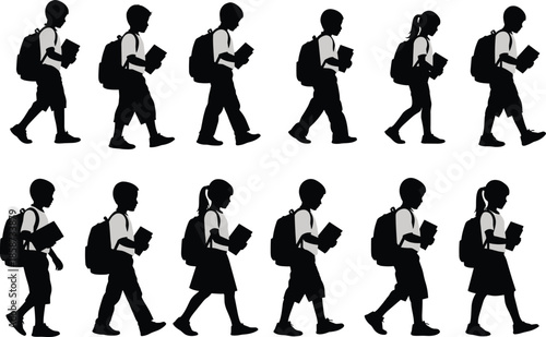 School children silhouette, walking with backpacks, educational theme, student motion, faceless figures, childhood routine, learning journey, black and white designSchool children silhouette