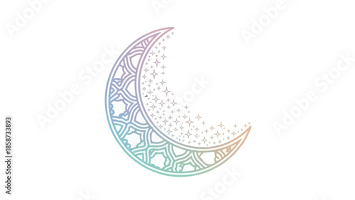 Decorative crescent moon illustration with floral ornamental line patterns symbolizing spirituality night beauty and cultural heritage