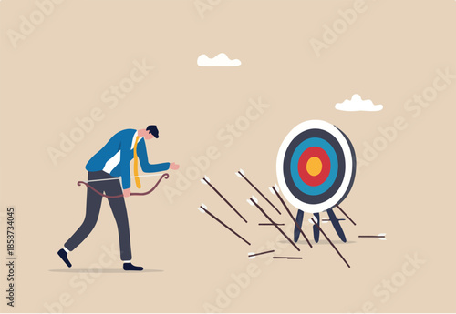 Failure missed all business target, loser mistake or error, unsuccessful, despair or disappointment from losing opportunity concept, frustrated businessman archery disappoint on his off target arrows