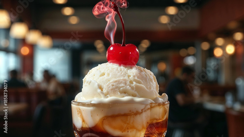 Classic vanilla ice cream sundae topped with a red maraschino cherry emitting ethereal smoke in a diner setting