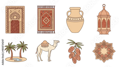 Traditional Middle Eastern cultural icon set with ornaments animals pottery and desert elements for heritage and tourism design.