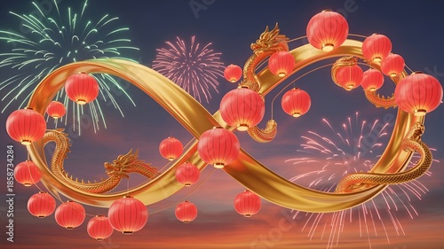 Celebratory lanterns and fireworks creating a festive ambiance.