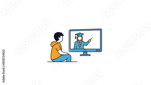 Student watches online lecture with professor on computer, representing distance learning and remote education