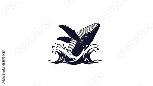 Stylized dark blue whale jumping from ocean waves with splashes, isolated on a clean white background
