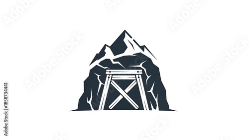 Stylized dark silhouette of a mountain with a mine entrance supported by wooden beams, on white