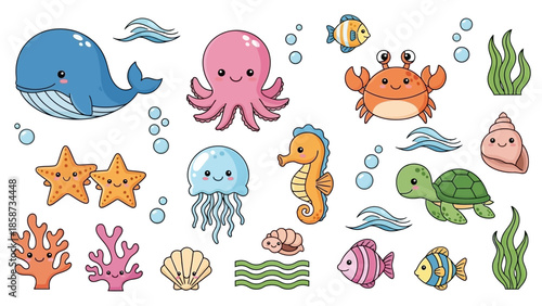 Cute sea animals illustration set featuring marine life characters for children education and playful design.