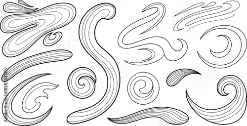 Abstract swirling line art shapes in black for dynamic design, fluid motion graphics, pattern creation, and visual decoration.