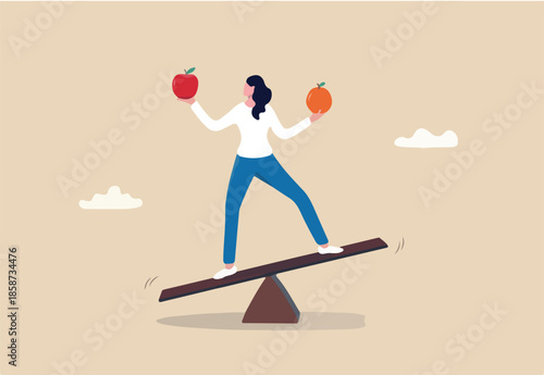 Comparison, decision to choose alternative choices, doubt or thoughtful compare good and bad things for best result, options concept, business woman compare orange and apple while balance on seesaw