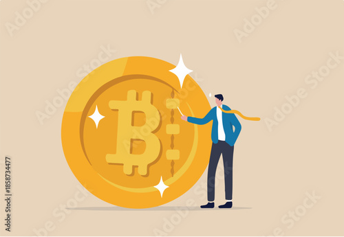 What is Bitcoin and blockchain technology, knowledge or crypto currency technology, blockchain class and education concept, businessman expert explain blockchain technology on golden Bitcoin coin.
