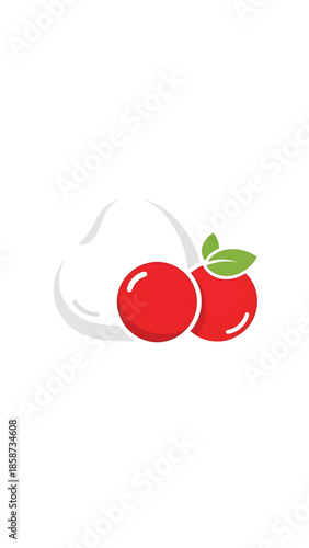 A simple illustration of two red tomatoes with green leaves next to a white mozzarella ball on a clean background