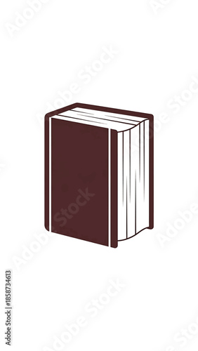 A simple, stylized graphic of a closed book with a dark brown cover and white pages