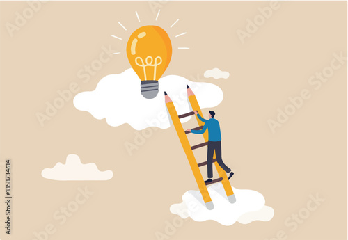 Creative idea, inspiration or imagination to create new innovative work, opportunity or wisdom concept, businessman creative guy climbing ladder built from pencil to upper cloud to find lightbulb idea