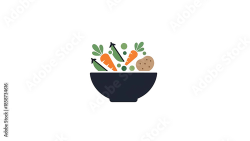 A stylized illustration of a dark bowl filled with fresh, colorful vegetables including carrots, peas, and a potato