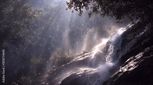 Ethereal Forest Waterfall with Magical Glowing Dust and Soft Sunlight