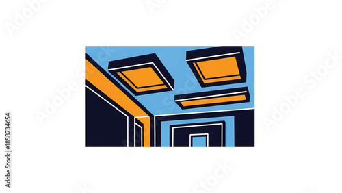 Abstract geometric interior with perspective lines and rectangles in blue, orange, and dark blue