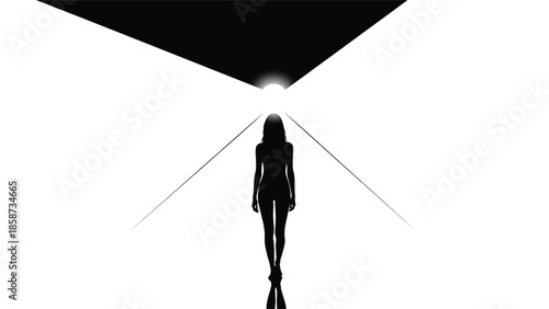 Abstract monochrome scene woman silhouette walking towards bright light, framed by converging lines and dark space