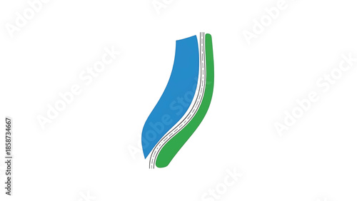 Abstract graphic featuring a blue fluid shape, a multi-lane road, and a green curved area