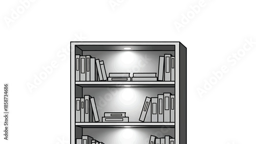 An illustrated three-tier bookshelf filled with various books and illuminated by spotlights. Simple vector art