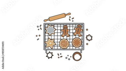 An illustration of a cooling rack with various freshly baked gingerbread and sugar cookies, baking tools