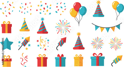 Colorful party icons including balloons, confetti, hats, gifts, fireworks, and streamers for celebration design and festive decoration.