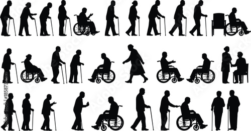 Elderly, Senior, Disability, Silhouette, Wheelchair, Mobility, Healthcare, Retirement, Aging, Patient, Assistance, Accessibility, Geriatric, Infirmity, Inclusion,