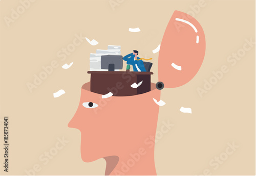 Work anxiety, stress or burnout, exhausted job or overload tired, job fatigue from overworked, depression and mental health concept, overwhelmed frustrated businessman working hard on his busy head