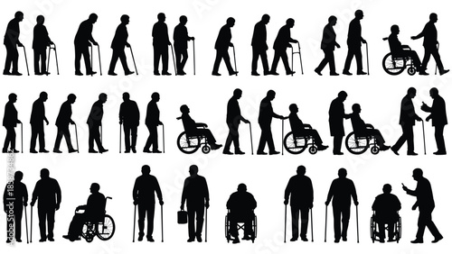 Elderly, silhouette, senior, disability, wheelchair, walker, stick, aging, retired, handicap, mobility, people, collection, vector, health