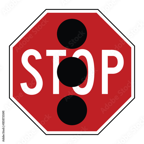 Standard Red Octagonal STOP Sign with Traffic Light Symbol for Malfunctioning Signals and Power Outage Traffic Control - Professional Vector Stock Image