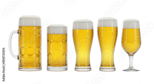 Four hyperrealistic, frosted glass beer vessels filled with pale golden pilsner, featuring thick foam and effervescence, displayed on a high-key reflective white surface, concept for premium beverage