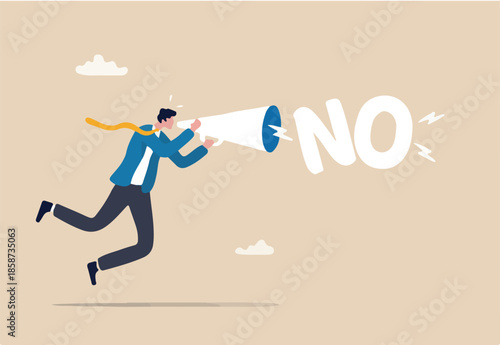 Learn to say no, leadership skill to manage workload, refuse to do wrong thing or time management concept, confidence businessman speak out loud on megaphone to his boss with the word No. 