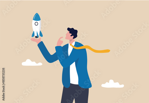 Entrepreneur and startup project, start new business or opportunity to invent new product, innovation or ambition to success concept, confidence businessman holding rocket project thinking for launch.
