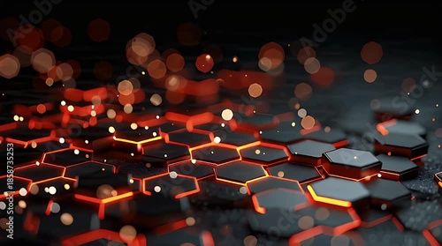 Futuristic Dark Hexagonal Grid with Glowing Red Energy and Bokeh