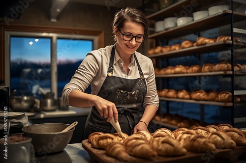 A bakery owner with a warm smile delicately arranging freshly baked pastries in a cozy bakery kitchen with a large window view