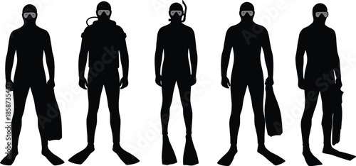 Scuba diver silhouettes, diving gear, snorkel mask, fins posture, underwater equipment, aquatic lifestyle, marine exploration, towel detail, ocean sport, sea preparation
