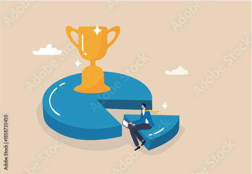 Pareto principle, 80 to 20 rule or work efficiency, minimal effort for big outcome, productivity to generate great result concept, businessman working on 20 percent pie chart with trophy on 80 part