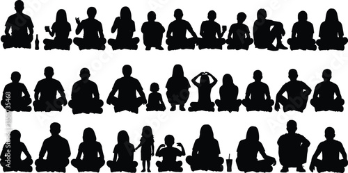 Seated silhouette illustration, cross-legged figures, expressive posture grid, communal gesture study, faceless design, emotional nuance, minimalist style, human interaction, object handling