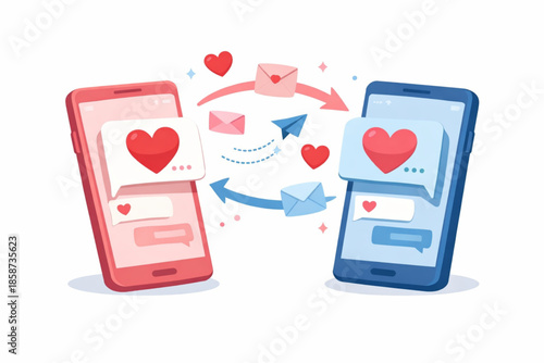 Flat illustration of smartphones exchanging heart messages for Valentine’s Day, modern digital communication, clean white background, elegant flat style
