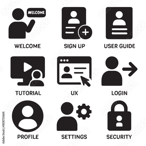 User Onboarding Solid Vector Icon Collection – Welcome, Sign Up, Tutorial, UX and Login Icons