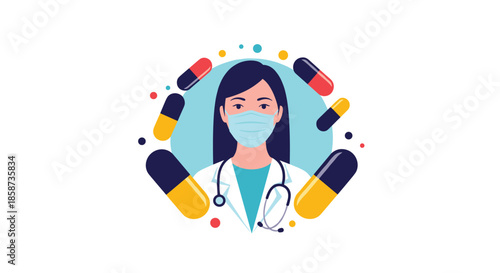 Dedicated female doctor wearing a medical face mask and a white coat surrounded by various colorful pill capsules and dots.