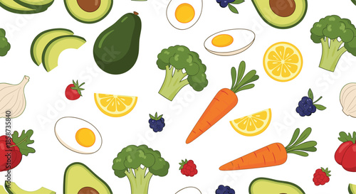 Vibrant seamless pattern of healthy food items featuring fresh avocado, broccoli, carrots, eggs, and various colorful berries.
