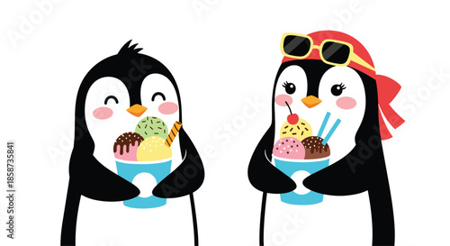 Pair of cute penguins enjoying delicious cups of multi-colored ice cream with toppings and a red bandana for one to wear.