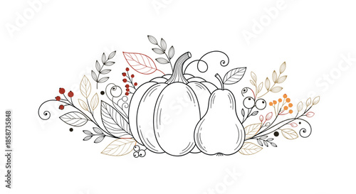 Elegant line art illustration featuring a large pumpkin, a ripe pear, and autumnal leaves and berries in a decorative arrangement.