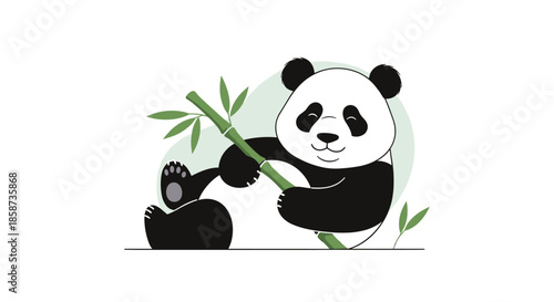 Peaceful panda bear sitting on the ground while happily holding and eating a green bamboo stalk in a simple nature illustration.