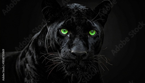 Black panther close-up with piercing green eyes on dark backdrop showcasing intensity and wild elegance
