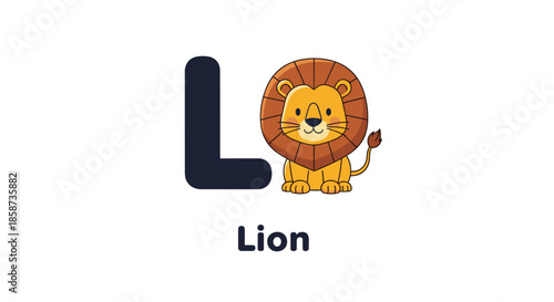 Educational alphabet illustration showing the capital letter L and a friendly cartoon lion with the word lion below.