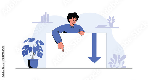 Young man in a blue sweater pointing down at a large blank white sign or billboard for your text or advertisement.