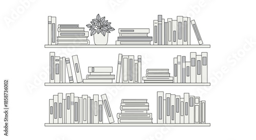 Minimalist black and white line art of three bookshelves filled with books and a potted plant for interior design.