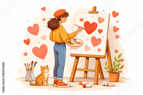 Flat illustration of artist painting hearts on canvas for Valentine’s Day, creative passion concept, minimal white background, refined 