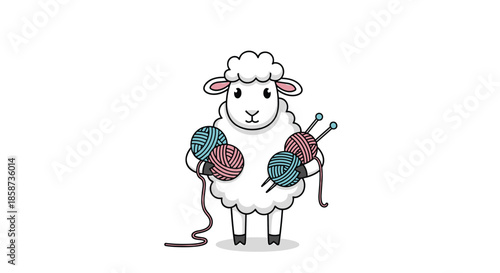 Cute white sheep character holding knitting needles and balls of yarn in colorful shades for handicraft hobby concept.