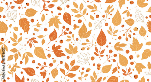 Seamless pattern with autumn leaves and berries in warm orange and brown colors perfect for seasonal wrapping paper design.
